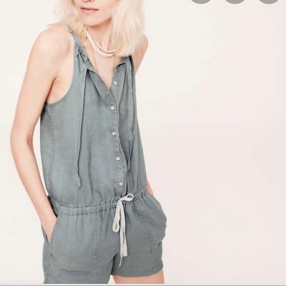 Lou & Grey Dusty Blue Romper Tie Neck Button Up.  100% linen. Drawstring - Picture 2 of 9